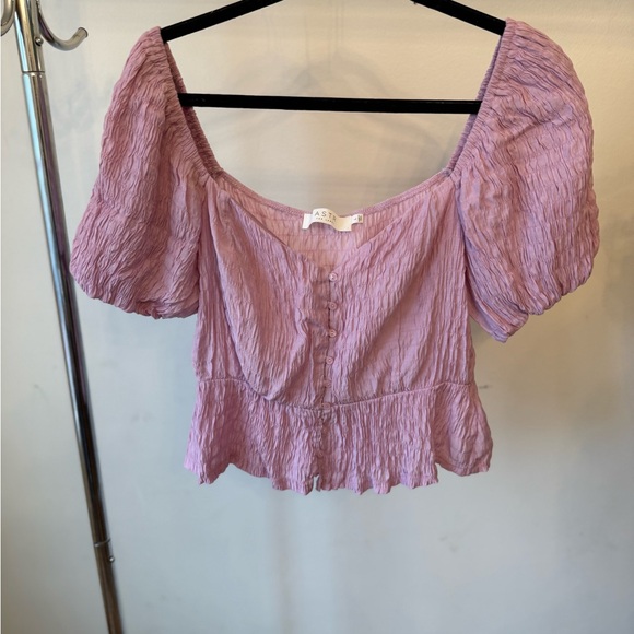 Astr Lilac Puff Sleeve Button-Front Peplum Top - Picture 4 of 5